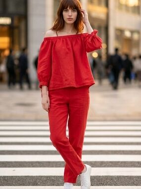 Superdry Red Off Shoulder Top | Tie Sleeve Blouse | Small